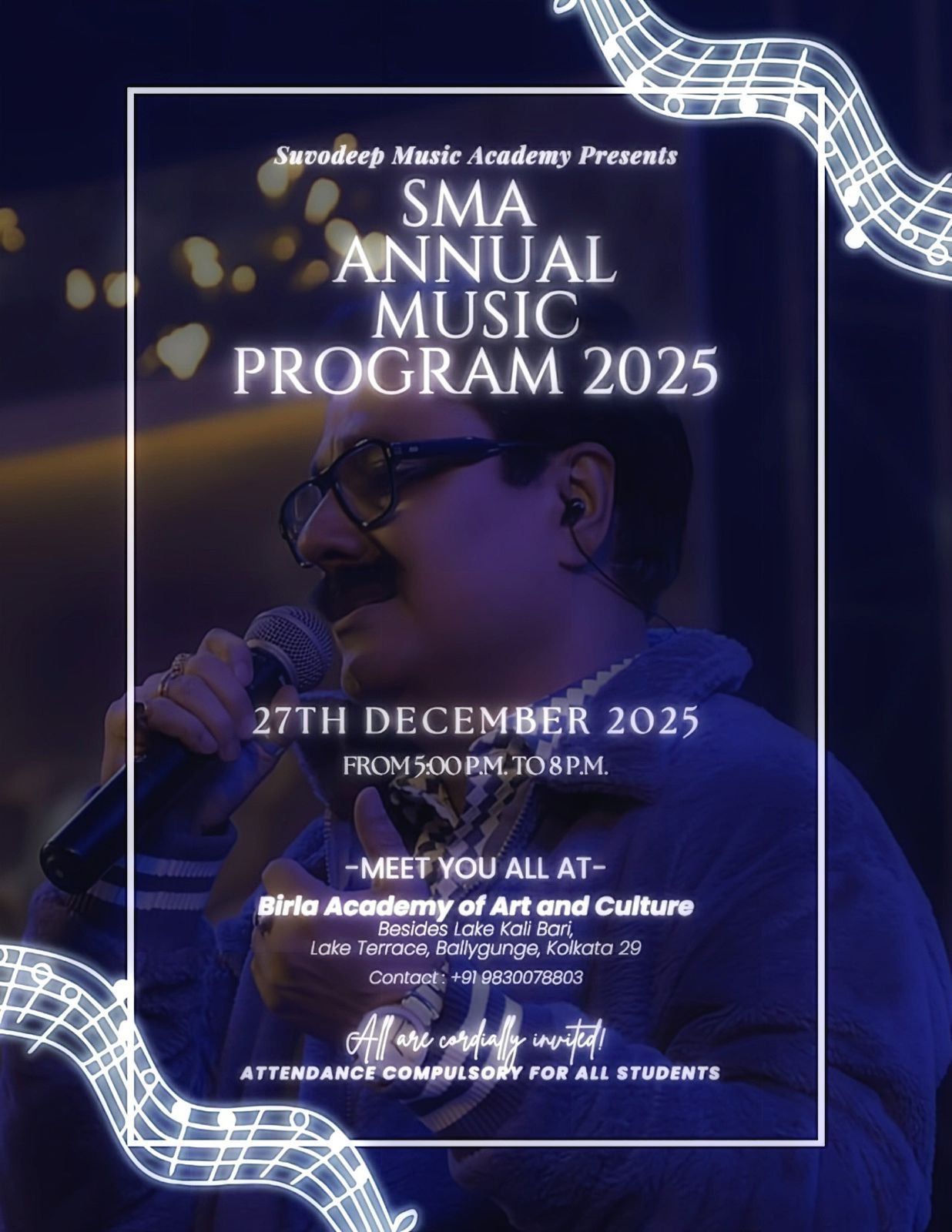 Event poster for SMA Annual Music Program 2025 at Birla Academy of Art and Culture